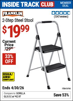 Harbor Freight Coupon FRANKLIN 2-STEP STEEL STOOL Lot No. 56760 Valid: 12/31/69 - 4/30/26 - $19.99