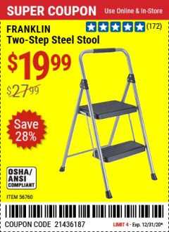Harbor Freight Coupon FRANKLIN 2-STEP STEEL STOOL Lot No. 56760 Expired: 12/31/20 - $19.99