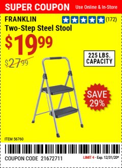 Harbor Freight Coupon FRANKLIN TWO-STEP STOOL Lot No. 56760 Expired: 12/31/20 - $19.99