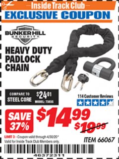 Harbor Freight ITC Coupon HEAVY DUTY PADLOCK CHAIN Lot No. 66067 Expired: 4/30/20 - $14.99