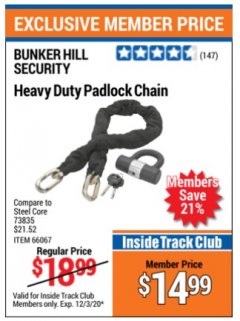 Harbor Freight ITC Coupon HEAVY DUTY PADLOCK CHAIN Lot No. 66067 Expired: 12/3/20 - $14.99