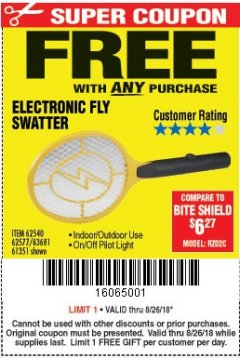 Harbor Freight FREE Coupon ELECTRIC FLY SWATTER Lot No. 61351/40122/62540/62577 Expired: 8/26/18 - FWP