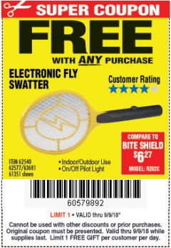 Harbor Freight FREE Coupon ELECTRIC FLY SWATTER Lot No. 61351/40122/62540/62577 Expired: 9/9/18 - FWP