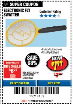 Harbor Freight Coupon ELECTRIC FLY SWATTER Lot No. 61351/40122/62540/62577 Expired: 5/20/18 - $1.99