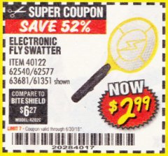 Harbor Freight Coupon ELECTRIC FLY SWATTER Lot No. 61351/40122/62540/62577 Expired: 6/30/18 - $2.99