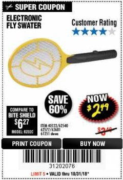 Harbor Freight Coupon ELECTRIC FLY SWATTER Lot No. 61351/40122/62540/62577 Expired: 10/31/18 - $2.49