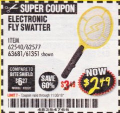 Harbor Freight Coupon ELECTRIC FLY SWATTER Lot No. 61351/40122/62540/62577 Expired: 11/30/18 - $2.49