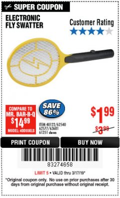Harbor Freight Coupon ELECTRIC FLY SWATTER Lot No. 61351/40122/62540/62577 Expired: 3/17/19 - $1.99