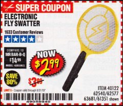 Harbor Freight Coupon ELECTRIC FLY SWATTER Lot No. 61351/40122/62540/62577 Expired: 8/31/19 - $2.99
