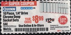 Harbor Freight Coupon QUINN 1/4" DRIVE CHROME DEEP SOCKETS, 10 PC. Lot No. 62407/62408/62409/64210 Expired: 7/31/20 - $8.99