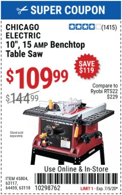 Harbor Freight Coupon CHICAGO ELECTRIC 10", 15 AMP BENCHTOP TABLE SAW Lot No. 45804/63117/64459/63118 Expired: 7/5/20 - $109.99