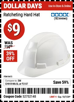 Harbor Freight Coupon WORKHORSE RATCHETING HARD HAT Lot No. 56672 Valid Thru: 10/7/26 - $9