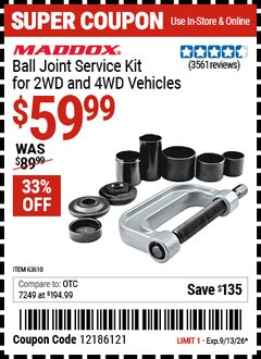Harbor Freight Coupon MADDOX BALL JOINT SERVICE KIT FOR 2WD AND 4WD VEHICLES Lot No. 64399/63610 Expired: 9/13/26 - $59.99