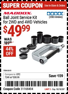 Harbor Freight Coupon MADDOX BALL JOINT SERVICE KIT FOR 2WD AND 4WD VEHICLES Lot No. 64399/63610 Expired: 10/18/26 - $49.99