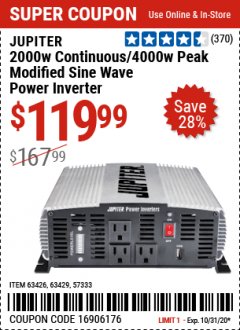 Harbor Freight Coupon JUPITER 2000W CONTINUOUS/4000W PEAK POWER INVERTER Lot No. 63426, 57333, 63429 Expired: 10/31/20 - $119.99