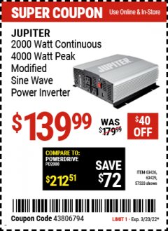 Harbor Freight Coupon JUPITER 2000W CONTINUOUS/4000W PEAK POWER INVERTER Lot No. 63426, 57333, 63429 Expired: 3/20/22 - $139.99