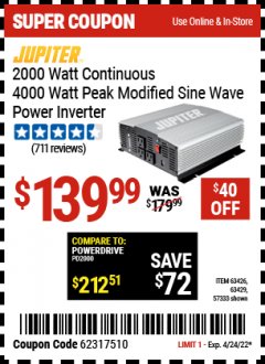 Harbor Freight Coupon JUPITER 2000W CONTINUOUS/4000W PEAK POWER INVERTER Lot No. 63426, 57333, 63429 Expired: 4/24/22 - $139.99