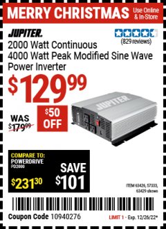 Harbor Freight Coupon JUPITER 2000W CONTINUOUS/4000W PEAK POWER INVERTER Lot No. 63426, 57333, 63429 Expired: 12/26/22 - $129.99
