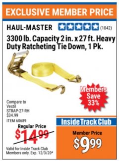 Harbor Freight ITC Coupon HAUL-MASTER 2" X 27 FT, 3300LB CAPACITY RATCHETING TIE DOWN Lot No. 95106, 60689, 62134, 63012, 56669 Expired: 12/3/20 - $9.99