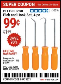 Harbor Freight Coupon PITTSBURGH 4 PIECE PICK AND HOOK SET Lot No. 34328/66836/63765/63697 Expired: 10/31/20 - $0.99
