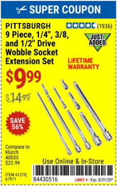 Harbor Freight Coupon PITTSBURGH 9 PIECE, 1/4", 3/8" AND 1/2" DRIVE WOBBLE SOCKET EXTENSION SET Lot No. 61278/67971 Expired: 8/31/20 - $9.99