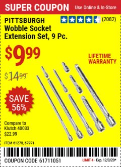 Harbor Freight Coupon PITTSBURGH 9 PIECE, 1/4", 3/8" AND 1/2" DRIVE WOBBLE SOCKET EXTENSION SET Lot No. 61278/67971 Expired: 11/25/20 - $9.99