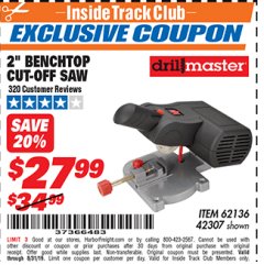 Harbor Freight ITC Coupon 2" BENCH TOP CUT-OFF SAW Lot No. 62136/61900/42307 Expired: 8/31/19 - $27.99