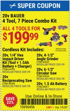 Harbor Freight Coupon 20V BAUER 4 TOOL, 7 PIECE COMBO KIT Lot No. 64755, 56396, 63632, 63634, 64817 Expired: 7/5/20 - $199.99