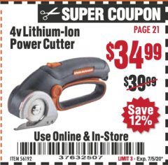 Harbor Freight Coupon 4V LITHIUM-ION POWER CUTTER Lot No. 56192 Expired: 7/5/20 - $34.99