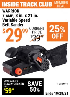 Harbor Freight ITC Coupon WARRIOR 3"X21" BELT SANDER Lot No. 56916 Expired: 10/28/21 - $29.99