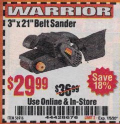 Harbor Freight Coupon WARRIOR 7 AMP 3 IN. X 21 IN. VARIABLE SPEED BELT SANDER Lot No. 56916 Expired: 7/5/20 - $29.99