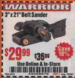 Harbor Freight Coupon WARRIOR 3"X21" BELT SANDER Lot No. 56916 Expired: 7/5/20 - $29.99