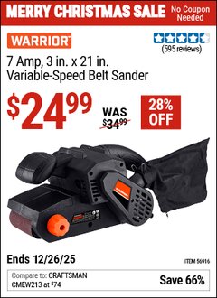 Harbor Freight Coupon WARRIOR 7 AMP, 3 IN. X 21 IN. VARIABLE-SPEED BELT SANDER Lot No. 56916 Valid Thru: 12/26/25 - $24.99