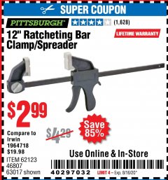 Harbor Freight Coupon 12" RATCHETING BAR CLAMP/SPREADER Lot No. 63017 Expired: 8/16/20 - $2.99