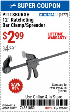 Harbor Freight Coupon 12" RATCHETING BAR CLAMP/SPREADER Lot No. 63017 Expired: 7/31/20 - $2.99