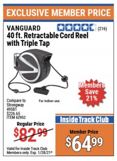 Harbor Freight ITC Coupon VANGUARD 40 FT. X 14/3 GAUGE RETRACTABLE CORD REEL WITH TRIPLE TAP, BLACK Lot No. 62952 Expired: 1/28/21 - $64.99