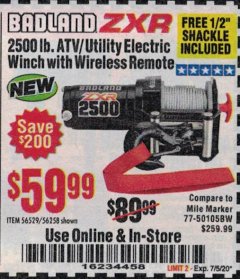 Harbor Freight Coupon BADLAND ZXR 2500LB ATV/UTILITY WINCH WITH WIRELESS REMOTE Lot No. 56258 Expired: 7/5/20 - $59.99