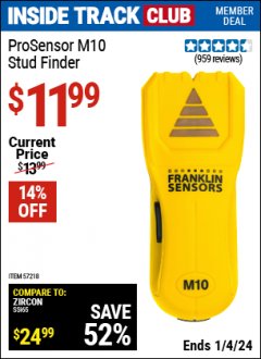 Harbor Freight ITC Coupon FRANKLIN SENSORS M10 STUD FINDER Lot No. 57218 Expired: 1/4/24 - $11.99