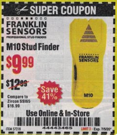 Harbor Freight Coupon FRANKLIN SENSORS M10 STUD FINDER Lot No. 57218 Expired: 7/5/20 - $9.99