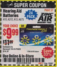 Harbor Freight Coupon HEARING AID BATTERIES Lot No. 56785 Expired: 7/5/20 - $9.99