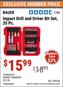 Harbor Freight ITC Coupon BAUER 35 PIECE IMPACT DRILL AND DRIVER SER Lot No. 63910 Expired: 9/30/20 - $15.99