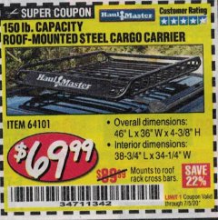 Harbor Freight Coupon HAUL MASTER 150 LB. CAPACITY ROOF-MOUNTED STEEL CARGO CARRIER Lot No. 64101 Expired: 7/5/20 - $69.99