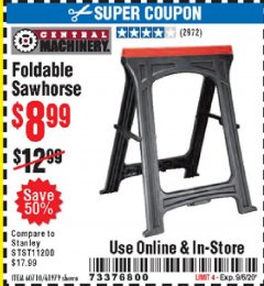 Harbor Freight Coupon CENTRAL MACHINERY FOLDABLE SAWHORSE Lot No. 60710 616979 Expired: 9/6/20 - $8.99