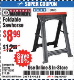 Harbor Freight Coupon CENTRAL MACHINERY FOLDABLE SAWHORSE Lot No. 60710 616979 Expired: 9/24/20 - $8.99
