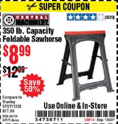 Harbor Freight Coupon CENTRAL MACHINERY FOLDABLE SAWHORSE Lot No. 60710 616979 Expired: 1/8/21 - $8.99