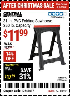 Harbor Freight Coupon CENTRAL MACHINERY FOLDABLE SAWHORSE Lot No. 60710 616979 Expired: 1/8/23 - $11.99