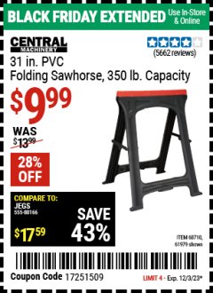 Harbor Freight Coupon CENTRAL MACHINERY FOLDABLE SAWHORSE Lot No. 60710 616979 Expired: 12/3/23 - $9.99