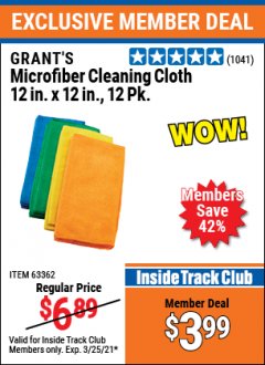 Harbor Freight ITC Coupon GRANT'S 12" X 12" MICROFIBER CLEANING CLOTHS PACK OF 12 Lot No. 63357/63361/57161/63362 Expired: 3/25/21 - $3.99