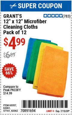 Harbor Freight Coupon GRANT'S 12" X 12" MICROFIBER CLEANING CLOTHS PACK OF 12 Lot No. 63357/63361/57161/63362 Expired: 7/15/20 - $4.99