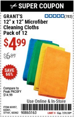 Harbor Freight Coupon GRANT'S 12" X 12" MICROFIBER CLEANING CLOTHS PACK OF 12 Lot No. 63357/63361/57161/63362 Expired: 7/31/20 - $4.99